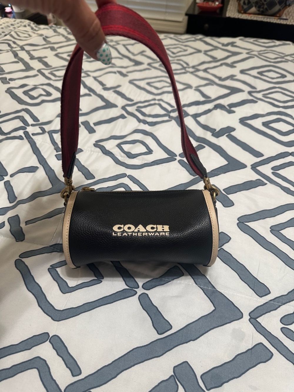 COACH Black Mini Barrel Bag with Red Strap and Cream Trim